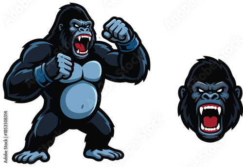 Aggressive gorilla pose, fierce animal mascot, muscular ape artwork, wild strength and rage expression - flat vector illustration