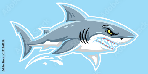 Aggressive cartoon shark illustration, fierce ocean predator, leaping water splash, sharp teeth, mascot style marine animal - flat vector illustration