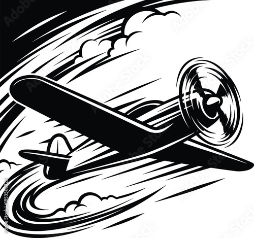 Silhouette of a Vintage Propeller Plane Flying Through Stylized Clouds and Air Streaks airplane aircraft