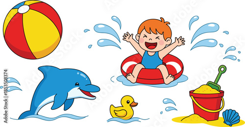 Cartoon beach fun scene, child in float ring, summer water play, dolphin splash, sand toys, joyful moment - flat vector illustration