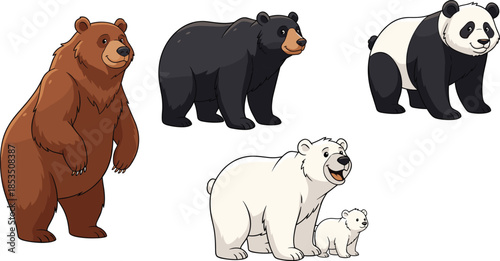   
Cartoon bear species illustration, brown black panda polar cub, wildlife animal characters, cute forest mammals - flat vector illustration