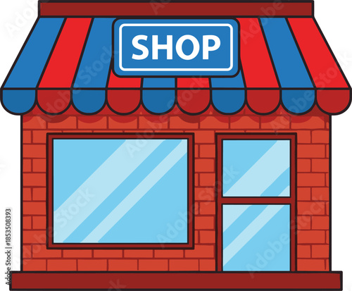 Cartoon brick shop building with striped awning and bold signage, classic storefront design - flat vector illustration