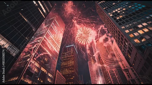 Fireworks display over city skyscrapers, painting the night sky with vibrant light and energy.
