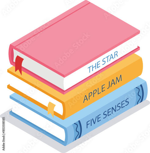 Stack of Three Isometric Books with Titles on White Background illustration reading