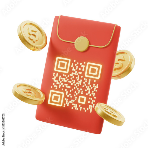 Digital Red Envelope with QR Code and Floating Gold Coins for Online Payment, Wallet, and Financial Transaction Concept Isolated on Transparent Background