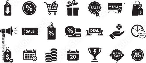 Shopping sale icon set with discount tags and promotional graphics