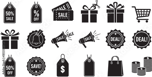Commercial offer tags and shopping cart icons for promotional sales