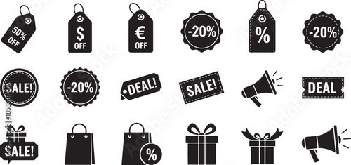 E-commerce sales badges with currency symbols and gift box icons