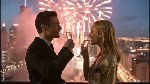 Couple enjoy beautiful fireworks in city with wine glass.