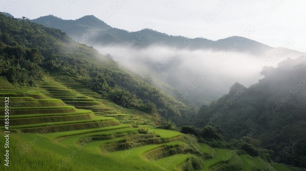 Fototapeta premium Sunrise over rice terraces in a misty mountain area along with green fields