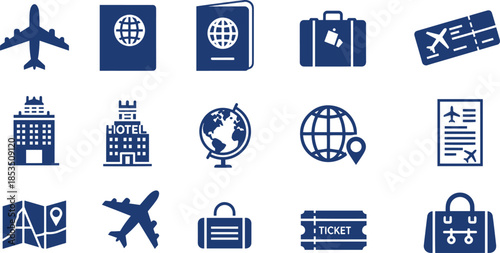 International travel and tourism icons for flight booking and trips