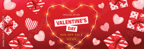 3d Valentine's Day Sale Banner with Red Background, Gift Boxes, Heart Decorations, and Glowing Light Outline