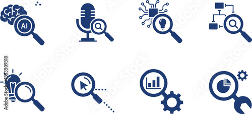 Artificial intelligence and data analysis search research icon set