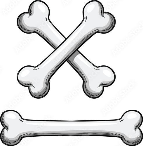 Two Crossed Cartoon Bones and One Single Bone on White Background Keywords: bone, bones, crossed bones, skull and crossbones