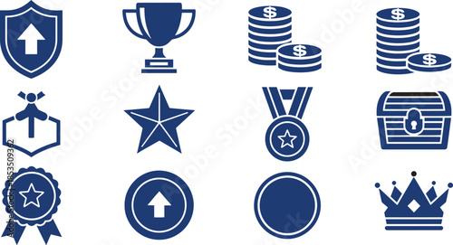 Achievement icon set with gold trophy award star and success shield