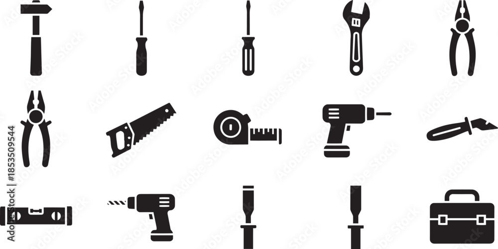 Obraz premium Tools collection icons for construction and repair work with hammer
