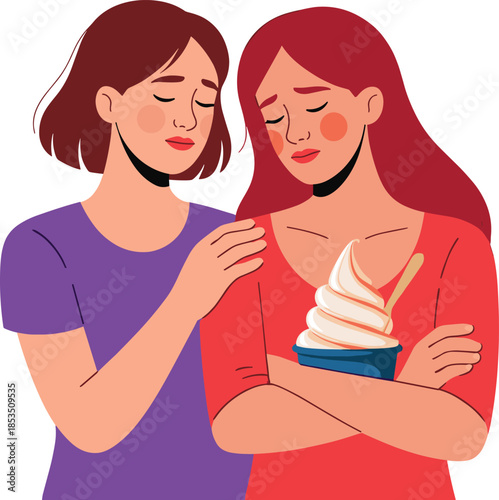 Two Women Comforting Each Other with One Holding Ice Cream and Looking Sad support crying
