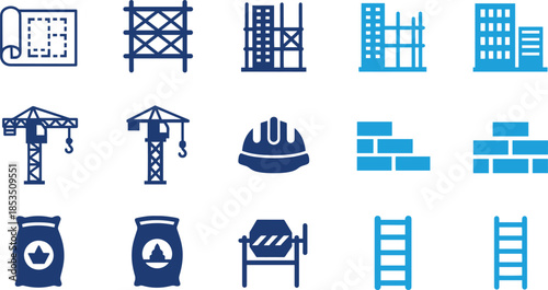 Construction icons blueprint crane building materials and equipment