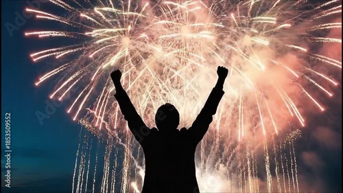 A person joyfully celebrates a burst of fireworks in the night sky.