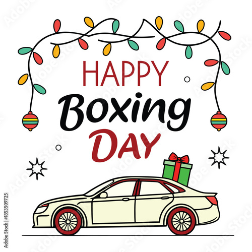 Cream colored car with gift on roof under festive string lights and boxing day text vehicle present 1