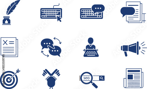Copywriting content creation and digital marketing vector icons set
