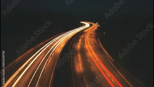 An eye-level shot captures illuminated trails from vehicles on a dark road.