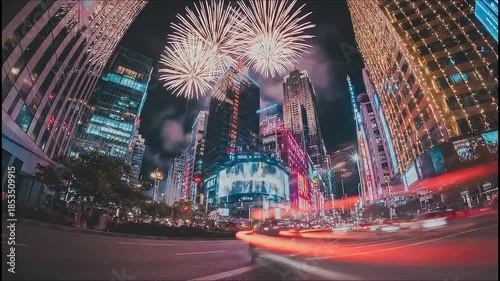 Fireworks bursting above a cityscape during a vibrant celebration.
