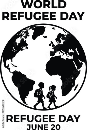 World Refugee Day Illustration with Earth and Two Children Walking with Backpacks June 20