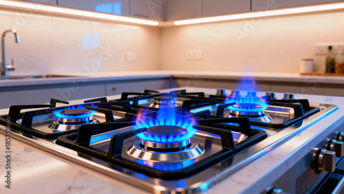 Close-up view of a stainless steel gas cooktop with multiple burners ignited, showing bright blue flames in a modern kitchen setting
