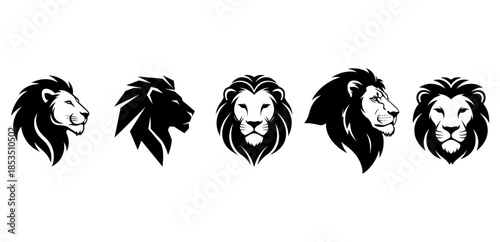 Collection of Majestic Lion Head Logos and Profiles in Bold Black and White Graphic Style, Ideal for Branding and Emblems in Vector Format