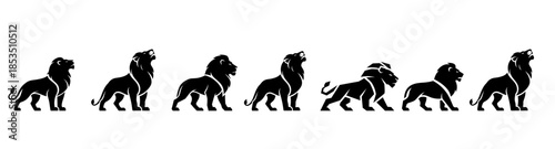 Dynamic collection of black lion silhouettes, depicting majestic felines in various poses from walking to roaring, symbolizing strength, courage, and wildlife elegance