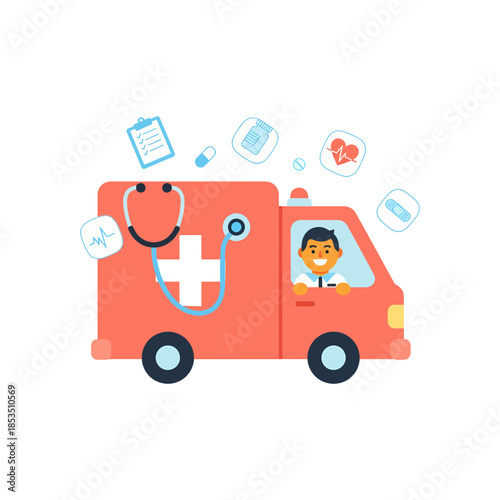 Ambulance vehicle with medical symbols and doctor driving.