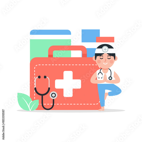 Doctor practicing yoga next to first aid kit.