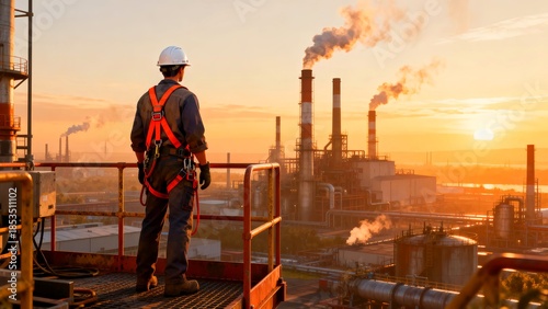 Industrial safety engineer wearing full harness and hard hat inspects a vast chemical refinery complex during a vibrant, warm sunrise or sunset.