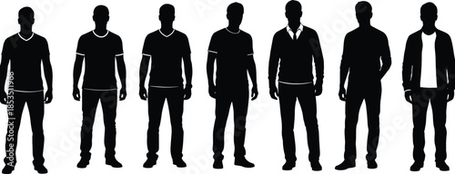 Male silhouette, fashion pose, casual wear, jacket style, t-shirt outfit, standing man, clothing variety