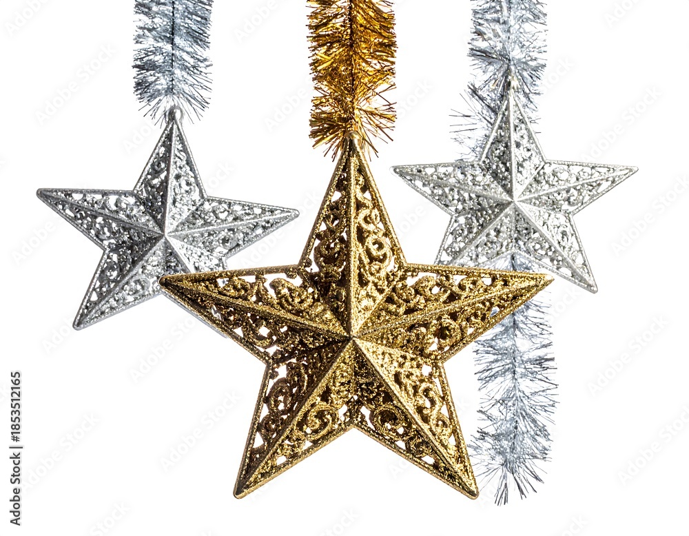 Obraz premium Three ornate stars hang from silver and gold tinsel against a bright white backdrop