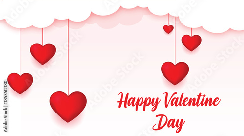 Happy Valentine’s Day Background with Red Hanging Hearts