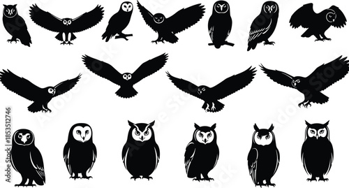 Owl silhouette, flying owl, perched bird, wildlife icon, nocturnal animal, bird species, nature design