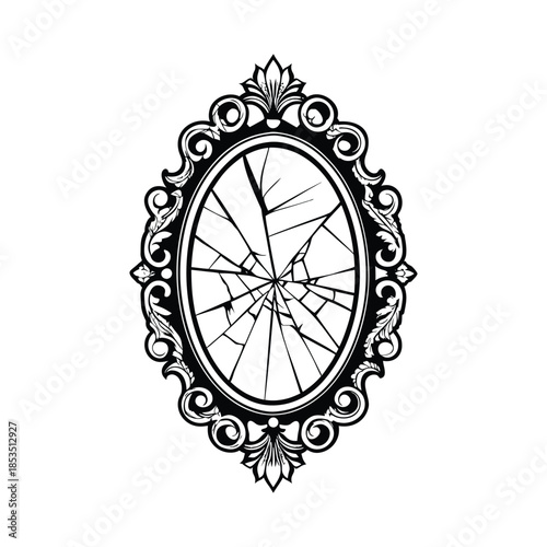 Black and white vintage oval mirror with ornate hand-carved vector art