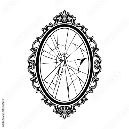 Black and white vintage oval mirror with ornate hand-carved vector art