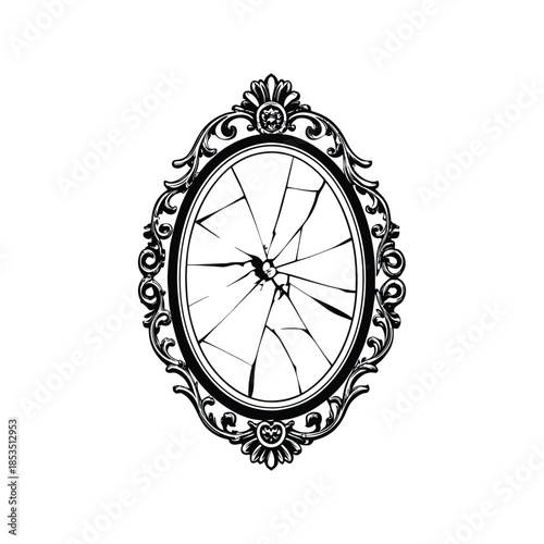 Black and white vintage oval mirror with ornate hand-carved vector art