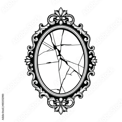 Black and white vintage oval mirror with ornate hand-carved vector art
