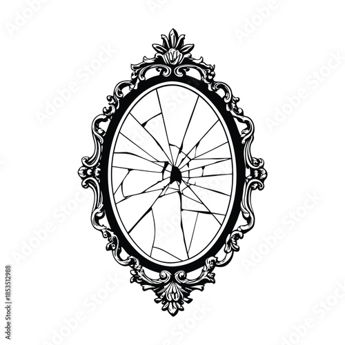 Black and white vintage oval mirror with ornate hand-carved vector art