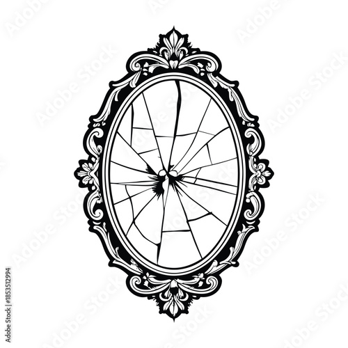 Black and white vintage oval mirror with ornate hand-carved vector art