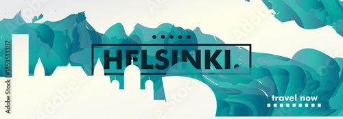 Finland, Helsinki city banner with skyline, cityscape, landmarks. Horizontal travel vector illustration layout for website, page, presentation, header, footer