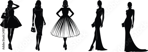 Fashion silhouette, woman dress, elegant pose, handbag style, formal wear, evening gown, stylish outfit