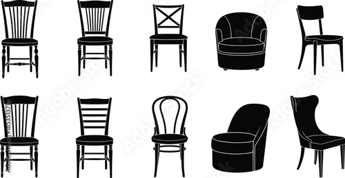 Chair, silhouette, set, furniture, seating, interior, home, decor, wooden, modern, classic, black, vector, illustration, isolated, collection, flat, design, icon, household