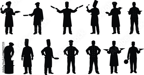 Chef silhouettes set illustration, professional cooks holding kitchen tools, restaurant staff poses, black outline figures, cad drawing flat vector illustration