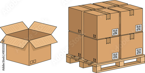 Cardboard box packaging and pallet shipping illustration logistics delivery warehouse storage transport concept isolated white cad drawing flat vector illustration