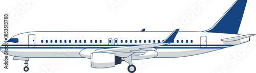 Commercial passenger airplane illustration, modern jet aircraft side view, aviation transportation concept, airline travel design, clean minimal style, cad drawing flat vector illustration